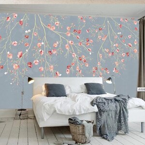 Chinoiserie Cherry Blossom Wallpaper Wall Mural, Hanging Cherry Blossom Flowers Floral Wall Mural Wall Decor