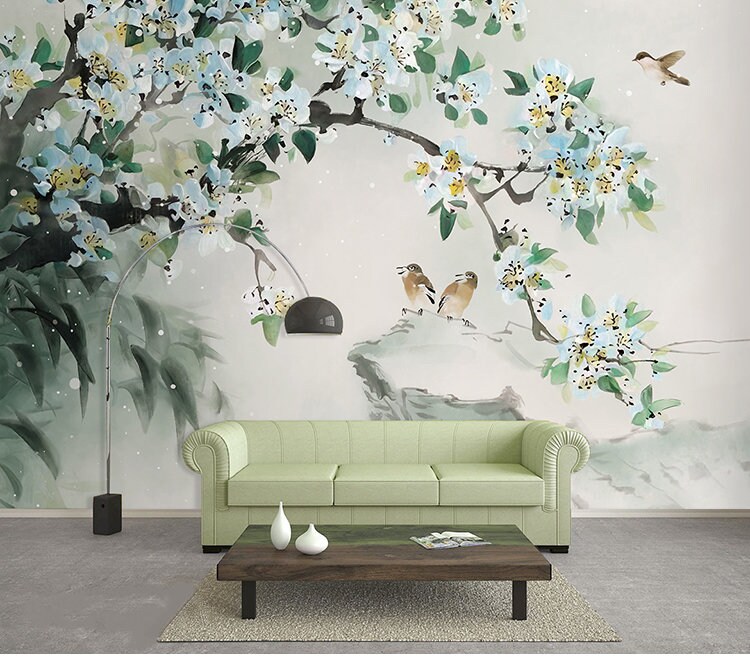 Papier Peint Panoramique Branches Rétro Fleurs Et Oiseaux 3D Poster Mural pour Salon Chambre Décoration Murale