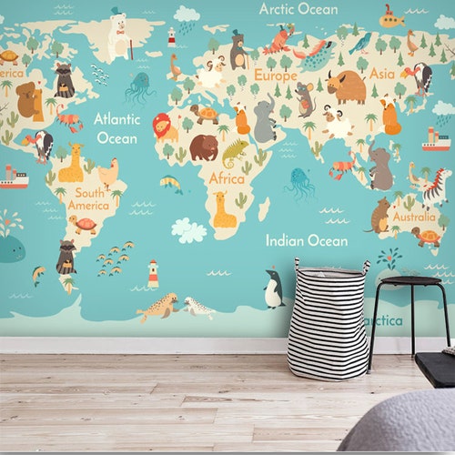 Soft World Map Nursery Kids Wallpaper Wall Mural World Map Etsy