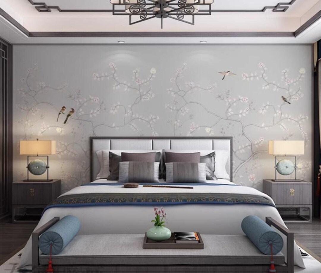 Chinoiserie Cherry Blossom Flowers Vines Wallpaper Wall Mural, Grey ...