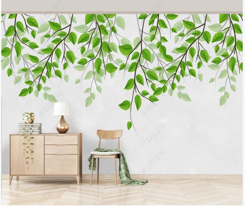 Hanging Green Leaves Wallpaper Wall Mural Watercolor Leaves Etsy