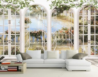 Original European Style Arch, Klassisches Ölgemälde Landschaft 3D TV Hintergrund Wand Wallpaper Fenster Wandbild