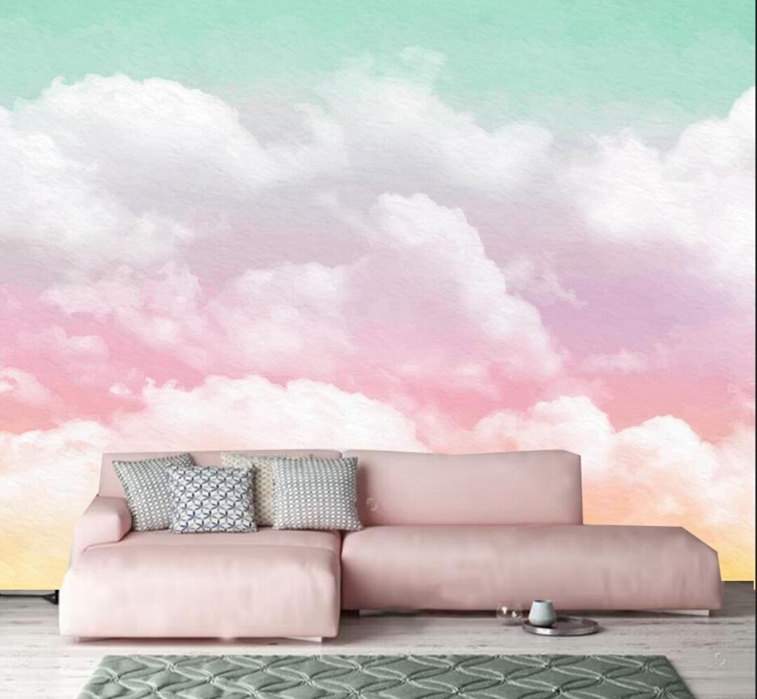Watercolor Pink Clouds Wallpaper Mural - Girl's Room Wall Decor - Etsy