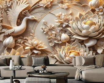 Luxury Background Golden Flowers Swan/Peacocks Bird Wallpaper Wall Mural