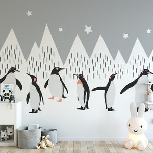 Lovely Snow Mountains with Penguins Nursery Wallpaper Wall Mural, Snow Hills Triangle Mountains Cartoon Geometric Mountains Penguins Mural