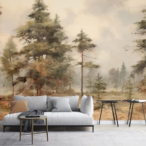 Carta da parati con paesaggio di terra dipinto di foresta di pini, murale di alberi astratti, decorazione da parete