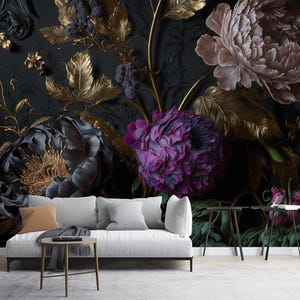 Hermoso papel tapiz vintage de fantasía, mural de pared con ramo de hojas doradas y flores botánicas, motivo vintage para mural de pared con flores florales