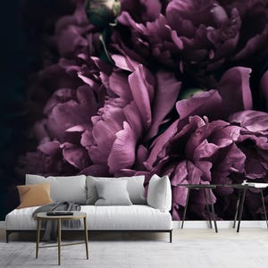 Violet Peonies Bouquet Wall Mural: Floral Wallpaper on Black