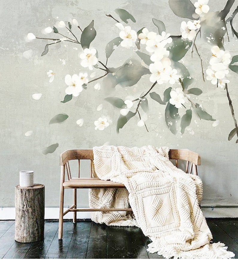 Watercolor Simple Elegant Wall Murals Wallpaper Decor Art For Bedroom Living Room White Flowers Tree