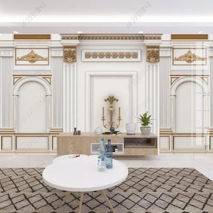 3D Roman Column Wallpaper Wall Mural, Classic Column with Golden Carving Flowers Wall Mural Wall Decor