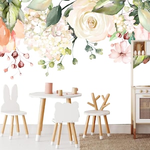 Watercolor Flowers Floral Wallpaper, Botanic Branch of Flowers Wall Mural, Peel and Stick, Removable Wallpaper, Flowers Floral Wall Decor