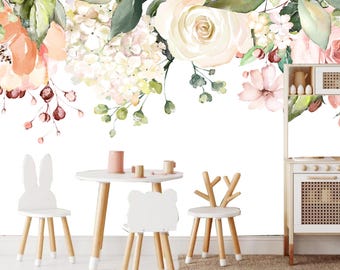 Watercolor Floral Wallpaper: Botanic Flower Branch Wall Mural, Peel and Stick