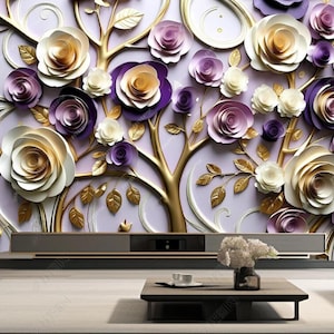 Floral Tree  Design Wall Moulding Wallpaper Wall Mural, Abstract Flowers Tree Wall Mural Wall Decor