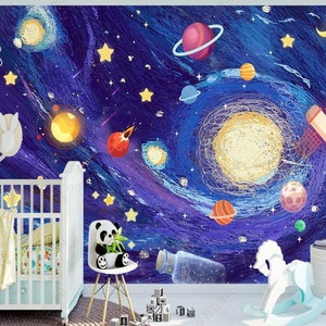 Original Cartoon Astronauta Space Star Rocket Sky Children's Bedroom Background Nursery Wallpaper Wall Mural