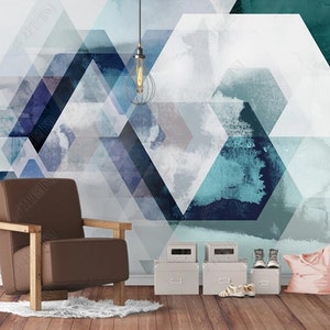 Modern Geometric Wallpaper Wall Mural, Retro Shabby Geometric Wall Mural, High Quality Green Hunter Geometric Wall Mural Wall Decor