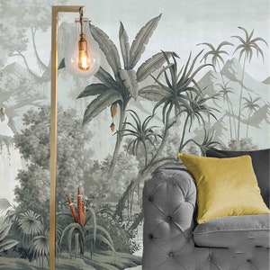Hand Painted Retro Tropical Plants Wallpaper Wall Mural, Jungle Frorest Trees Scenic Grey Wall Mural, Living Room Bedroom Wall Murals