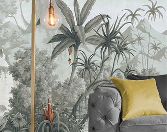 Hand Painted Retro Tropical Plants Wallpaper Wall Mural, Jungle Frorest Trees Scenic Grey Wall Mural, Living Room Bedroom Wall Murals