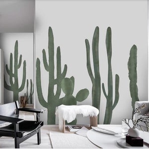 Modern Watercolor Hand Painted Cactus Wallpaper Wall Mural, Fresh Green Cactus Wall Mural Bedroom Living Room Nursery Room Wall Mural image 4
