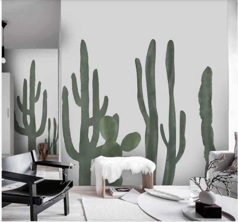 Modern Watercolor Hand Painted Cactus Wallpaper Wall Mural, Fresh Green Cactus Wall Mural Bedroom Living Room Nursery Room Wall Mural image 4