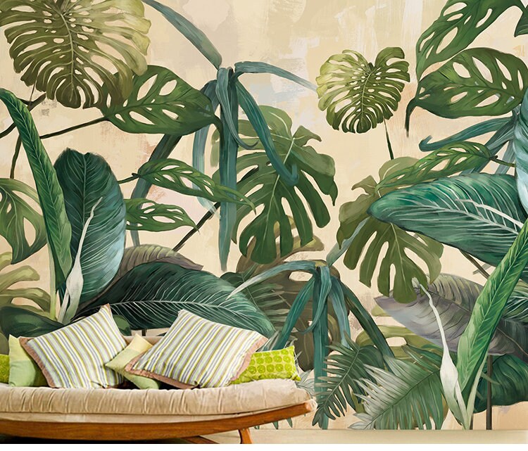Hand Painted Tropical Rainforest Plants Wallpaper Wall Mural,Tropical Plants Banana Leaves Scenic Wall Mural, Rainforest Plants Wall Murals