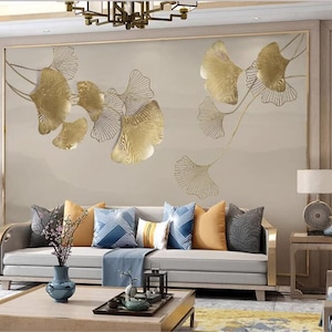 Goldene Ginkgo-Blatt Tapete: Modernes minimalistisches Wandbild