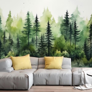 Serene Watercolor Forest Landscape with Majestic Mountains Pine Trees Lush Wallpaper Wall Mural