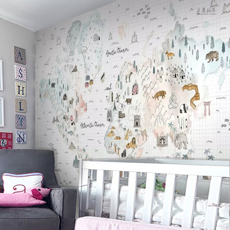 Soft World Map Nursery Kids Wallpaper Wall Mural Carte du Etsy