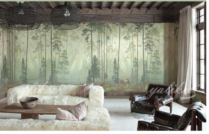 Oil Painting Abstract Nordic Trees Wall Mural Wallpaper, Hand Painted Trees Forest Wall Mural Wall Decor, Trees Forest Wall Mural image 1
