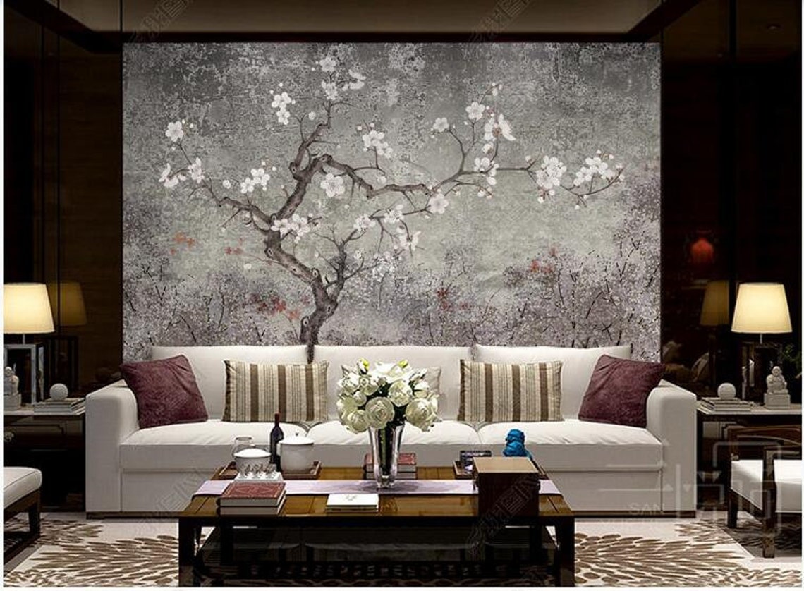 Vintage Chinoiserie Cherry Blossom Wallpaper Wall Mural Grey | Etsy