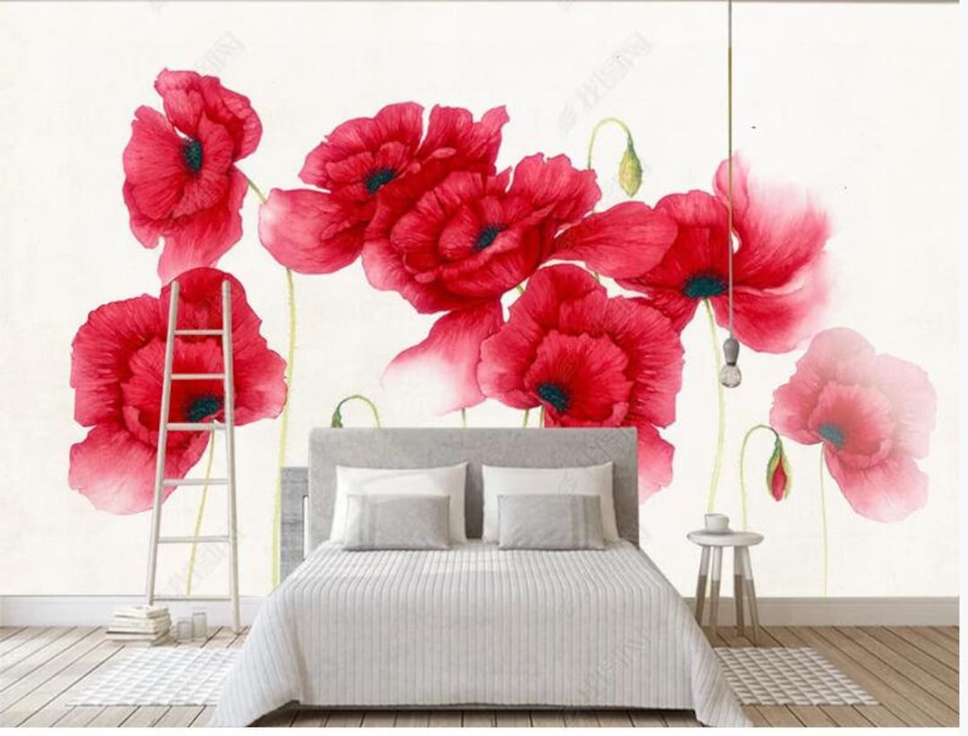 Red Floral Wallpaper Red Poppy Flower Wall Mural, Watercolor Poppy ...