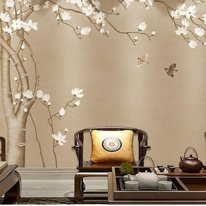 Fine Brush Magnolia Tree Wallpaper Wall Mural, One Magnolia Tree with Birds Wall Mural, Hand Painted Burshwork Magnolia Tree Wall Mural