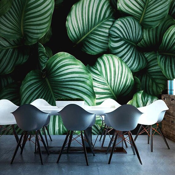 Oil Paniting Dark Green Tropical Plants Leaves Wallpaper Wall Mural Emerald Green Hand Painted Plants Wall Mural Living Room Bedroom Decor