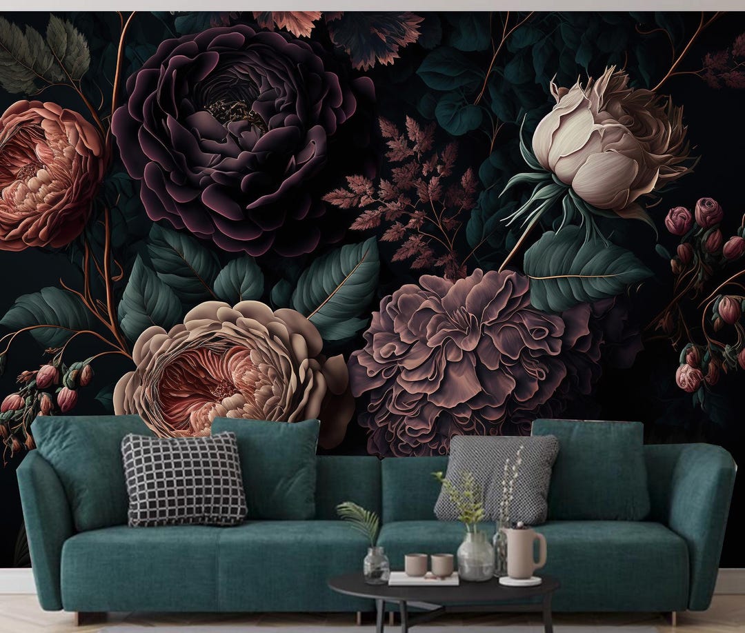 Dark Floral Wallpaper Mural: Roses Bouquet Wall Decor - Etsy