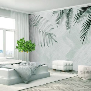 Murale di carta da parati minimalista minimalista di foglie tropicali, murale murale a parete semplice con diverse foglie