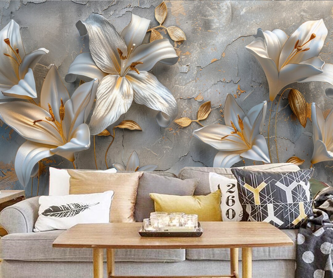 Silver and Gold Lily Flowers Wallpaper: Gray Floral Mural, Peel and ...