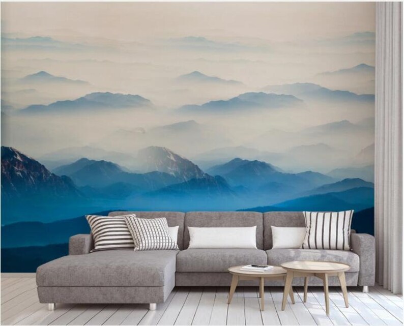 Abstract Blue Mountains Wallpaper Wall Mural Misty Foggy Ink Etsy