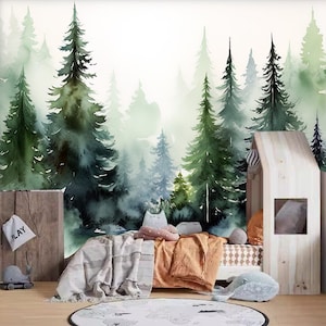 Watercolor Fir Forest Wallpaper: Nature Nursery Decor