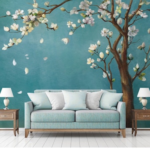 One Magnolia Tree Floral Chinoiserie Wallpaper Wall Mural, Oil Painting Magnolia Tree Wallpaper Wall Mural Wall Decor