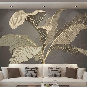 Large Banana Leaf Wallpaper Mural: Muted Color Plant Wall Decor