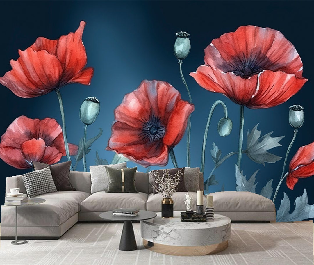 Watercolor Poppy Flower Wall Mural: Floral Bedroom Living Room Decor - Etsy