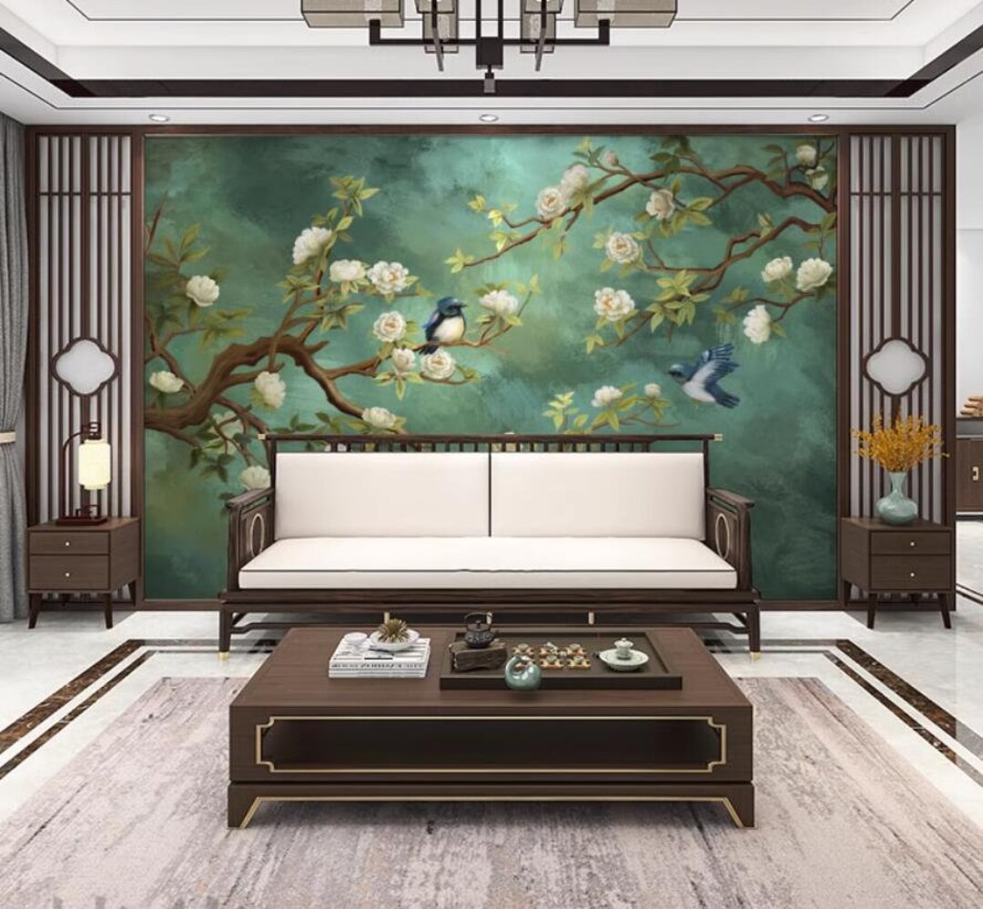 Chinoiserie Cherry Blossom Wallpaper Mural: Green Oil Painting Wall ...
