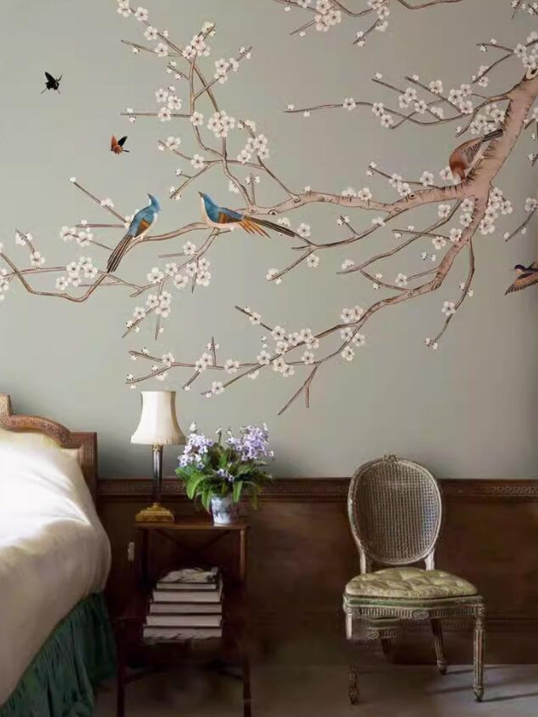 Chinoiserie Cherry Blossom Branch Wallpaper Mural: Grey Wall Decor - Etsy