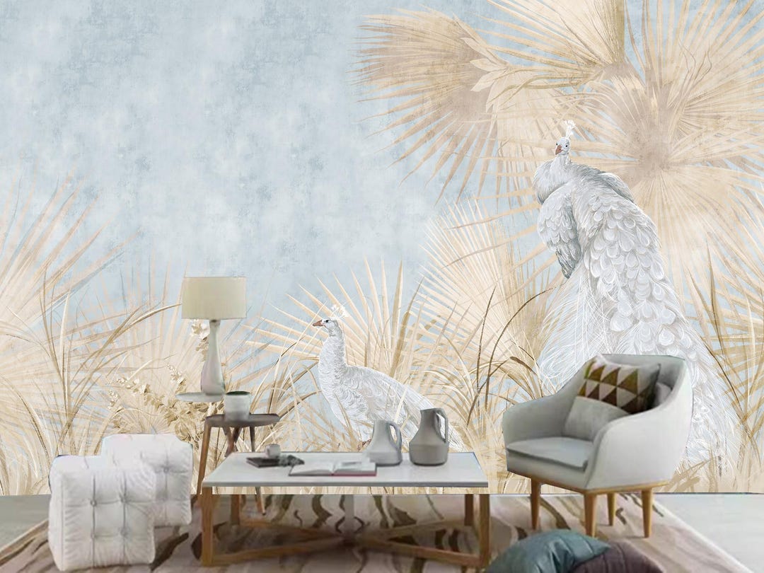 Peacock Leaves Wallpaper Mural: Interior Design Graphic Illustration - Etsy