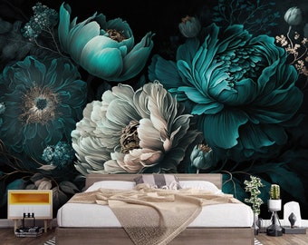 Mural de papel tapiz floral verde azulado: decoración de pared para dormitorio y sala de estar