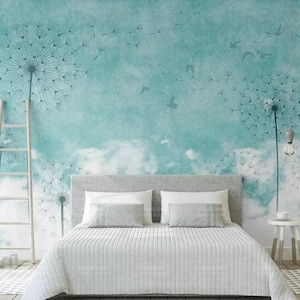 Fantastic Hand Painted Clouds Dandelion Wallpaper Wall Mural, Fresh Teal Background Clouds Dandelions with Seagulls Nature Wall Mural