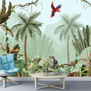 Tropical Jungle Wallpaper Mural: Abstract Forest Animals Kids Room Decor