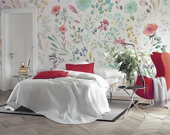 Watercolor Floral Wallpaper Mural: Garden Countryside Design