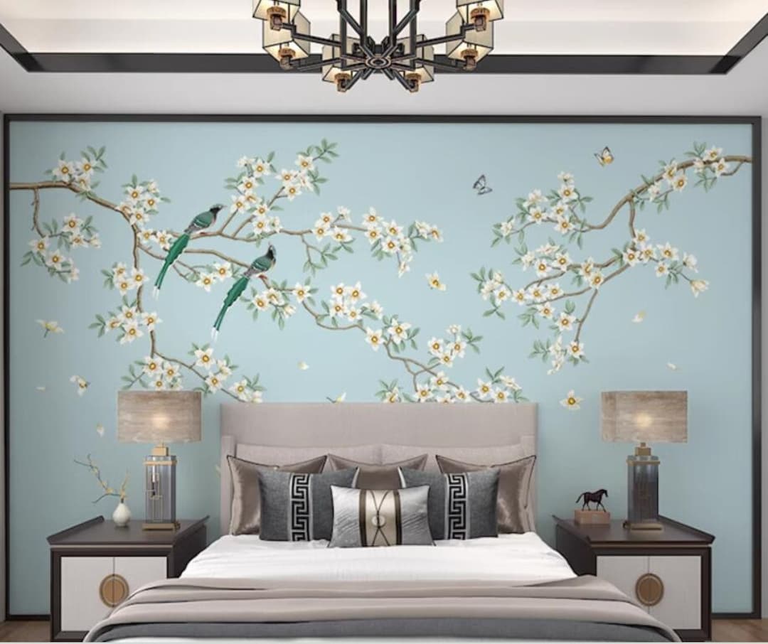 Chinoiserie Cherry Blossom Branch Wallpaper Mural: Blue Wall Decor - Etsy