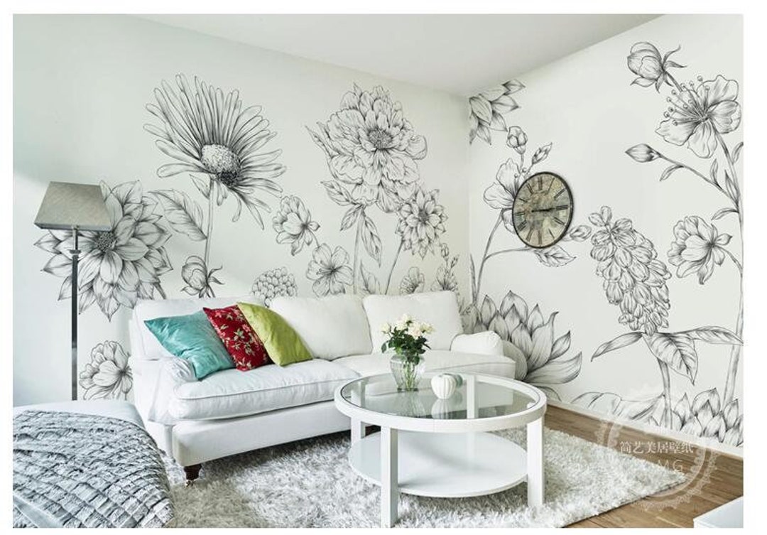 Sketch Daisy Floral Wallpaper Mural: Hand-painted Large Flower Wall ...