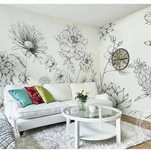 Schizzo Daisy Fiori floreale carta murales, dipinto a mano schizzo fiori carta da parati, semplice Modren grandi fiori muro decoro